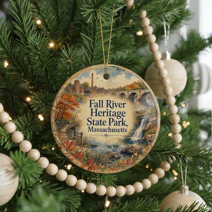 A circular ornament hanging on a Christmas tree, featuring a scenic image of Fall River Heritage State Park in Massachusetts.