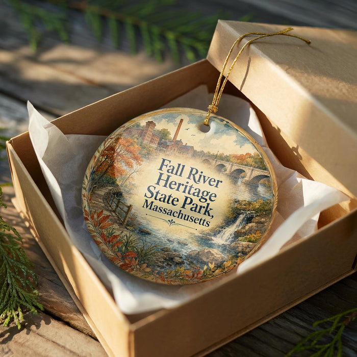 a decorative ornament in a box, featuring a scenic landscape with a river, buildings, and foliage.