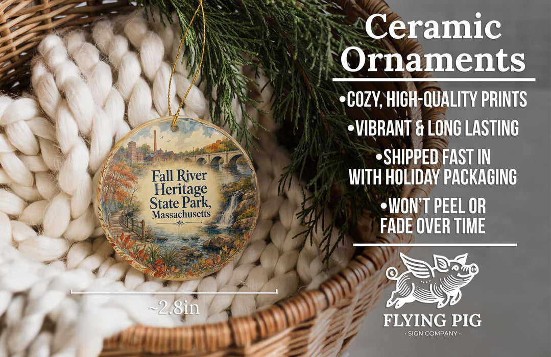 Ceramic ornaments, featuring a detailed image of Fall River Heritage State Park, Massachusetts, hanging from a wicker basket.