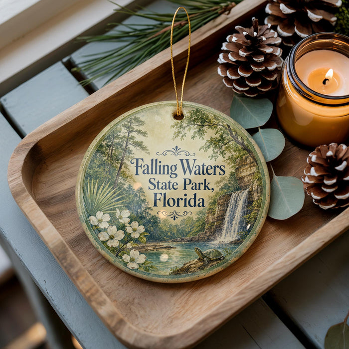 A wooden tray with a decorative ornament featuring a scenic image of Falling Waters State Park, Florida, along with pine cones and a lit candle.