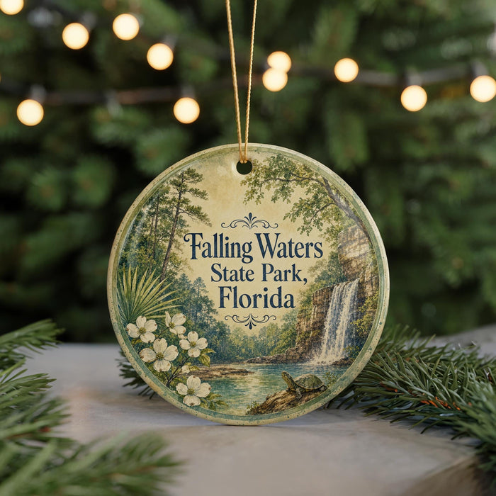 A round ornament with a scenic image of Falling Waters State Park in Florida, featuring a waterfall, pine trees, and white flowers.