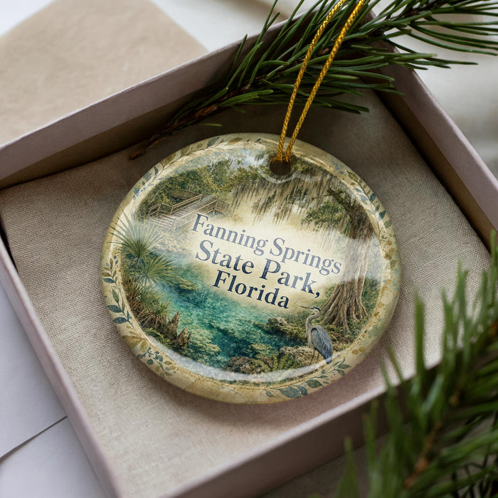 A decorative ornament in a box, featuring a scenic image of Fanning Springs State Park, Florida.