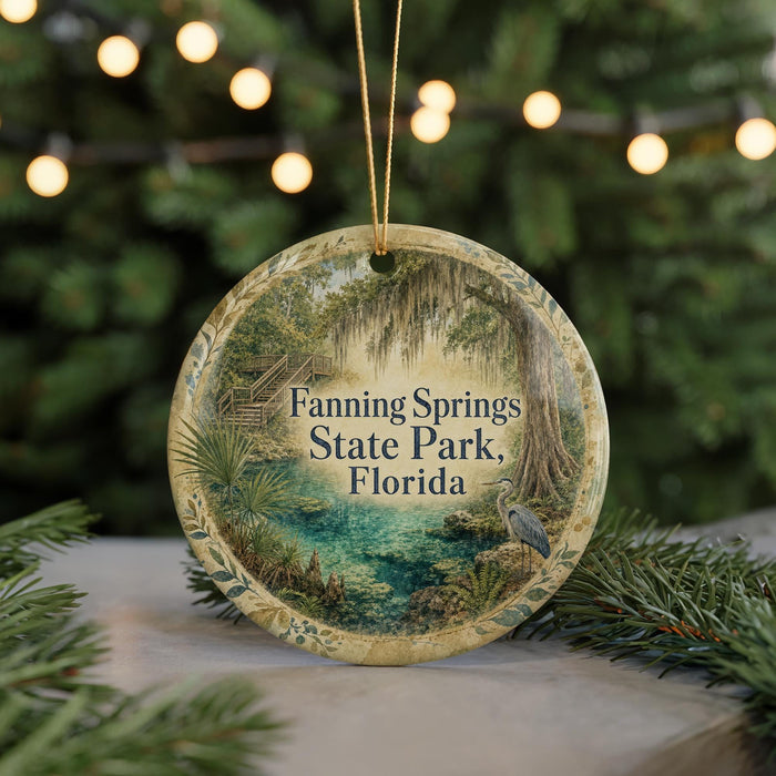 A round ornament with a scenic image of Fanning Springs State Park, Florida, featuring a bird, palm trees, and a body of water.