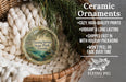 Ceramic ornaments, featuring a ceramic ornament with a tropical scene and text, placed in a wicker basket.