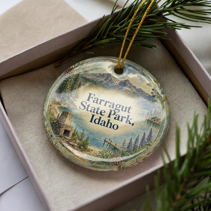 A decorative ornament in a box, featuring a scenic landscape with mountains, pine trees, and a body of water.
