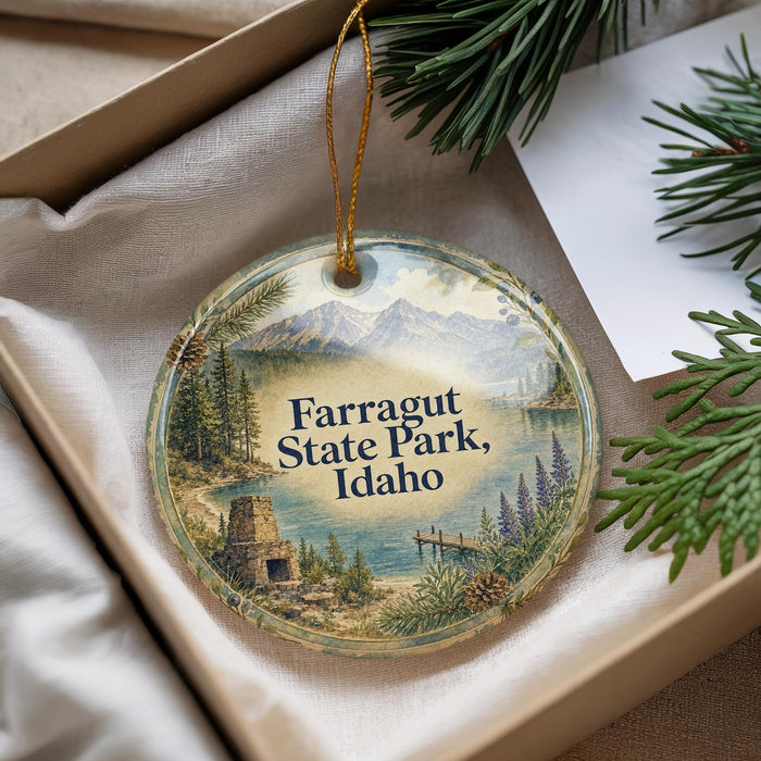 A decorative ornament with a scenic landscape of mountains, pine trees, and a lake, hanging from a string.
