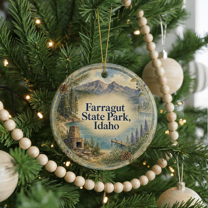 A round ornament hanging on a Christmas tree, featuring a scenic landscape with mountains, pine trees, and a lake.
