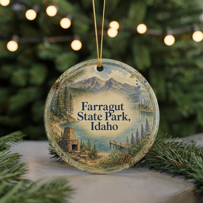 A round ornament with a scenic landscape of mountains, pine trees, and a lake, featuring the text "Farragut State Park, Idaho" on it.