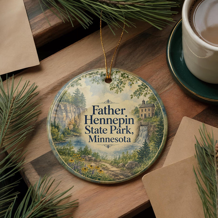 A decorative ornament featuring a scenic landscape with a waterfall, pine trees, and a house, hanging on a wooden surface.