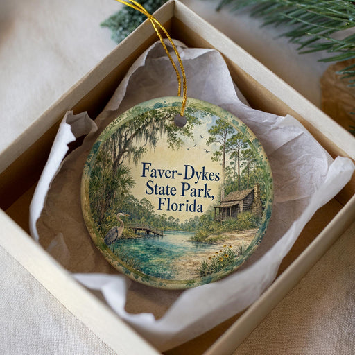 A round ornament with a painting of a bird and a cabin, surrounded by trees and a body of water, is displayed in a box.