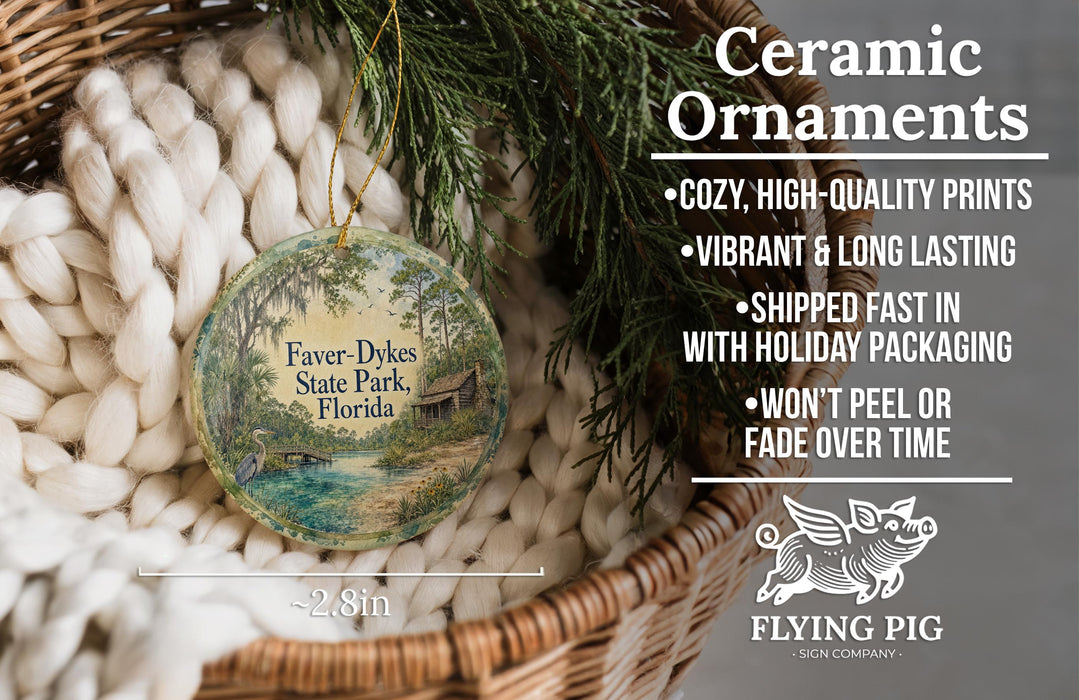 Ceramic ornaments, featuring a painting of a bird in a forest, are displayed in a basket with a woven blanket.