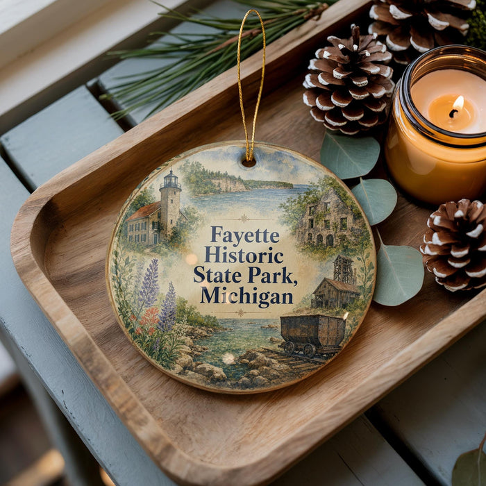 A wooden tray with a decorative ornament featuring illustrations of a lighthouse, buildings, and a river, along with the text "Fayette Historic State Park, Michigan".