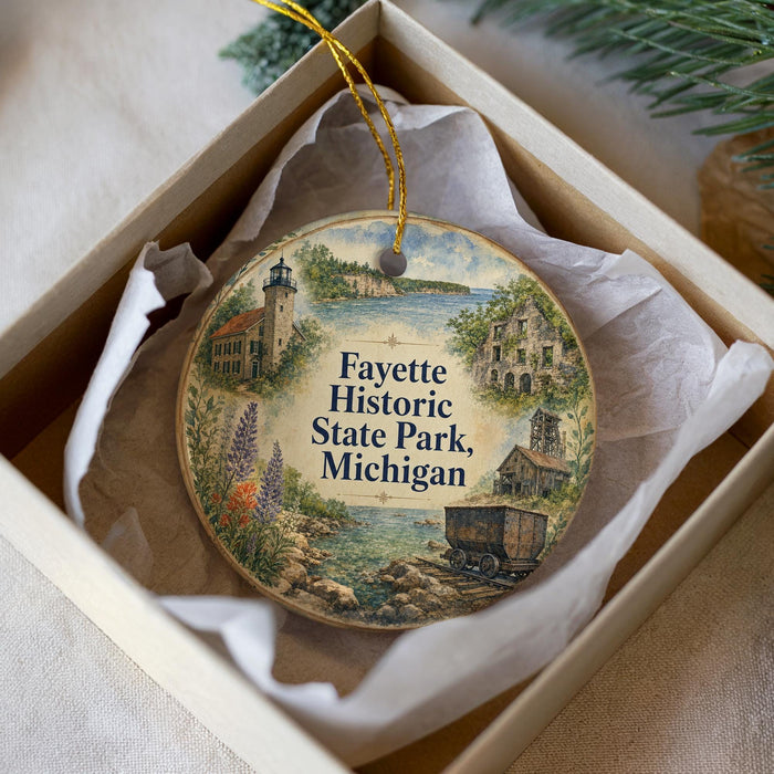 A decorative ornament in a box, featuring an illustration of a lighthouse and other historical buildings, with the text "Fayette Historic State Park, Michigan" prominently displayed.