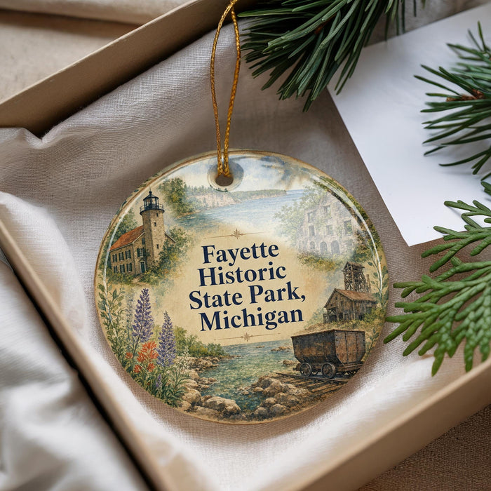 A decorative ornament with a scenic image of Fayette Historic State Park, Michigan, hanging from a string.