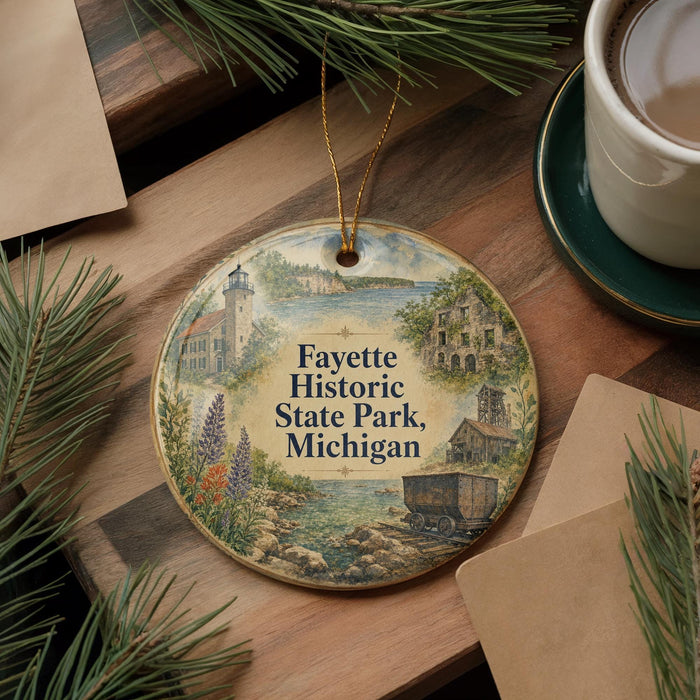 A decorative ornament featuring a lighthouse and other scenic elements, placed on a wooden surface alongside a cup of coffee and some pine branches.