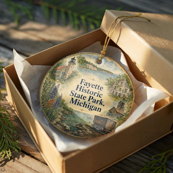 A decorative ornament in a box, featuring a scenic image of a historic park in Michigan.