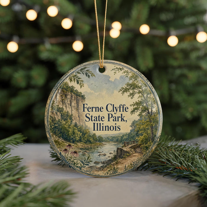 A round ornament with a scenic landscape of Ferne Clyffe State Park, Illinois, featuring a river, trees, and a bridge.