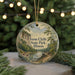 A round ornament with a scenic landscape of Ferne Clyffe State Park, Illinois, featuring a river, trees, and a bridge.