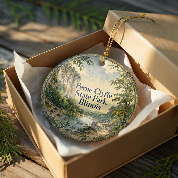 A round ornament in a brown box, featuring a scenic landscape with a river and trees, is displayed on a wooden surface.
