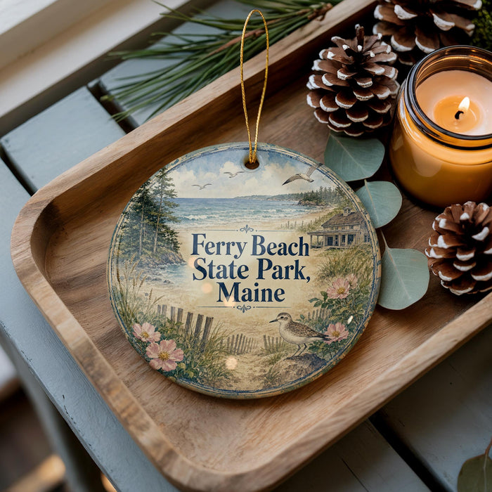 A wooden tray with a decorative ornament featuring a scenic beach landscape, pine cones, and a lit candle.