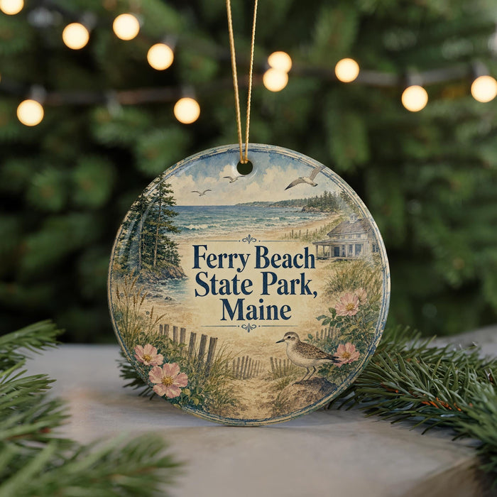 A round ornament with a beach scene and text, hanging on a string.