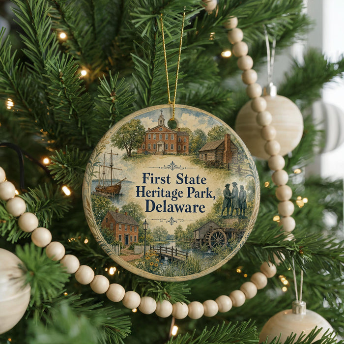A round ornament hanging on a Christmas tree, featuring illustrations of historic buildings and landmarks in Delaware.