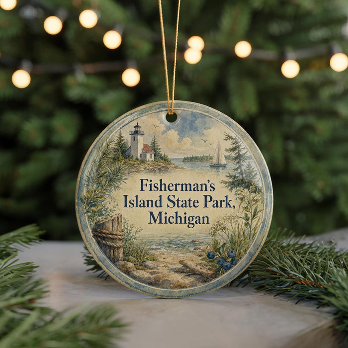 A round ornament with a lighthouse and a boat, hanging on a string, with the text "Fisherman's Island State Park, Michigan" displayed on it.