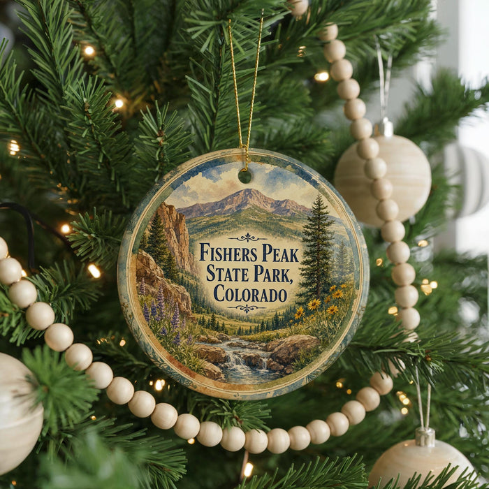 A round ornament hanging on a Christmas tree, featuring a scenic mountain landscape with a waterfall.
