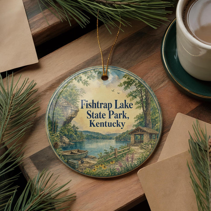 A decorative ornament featuring a scenic lake landscape with a cabin, surrounded by pine trees and a bird in flight.
