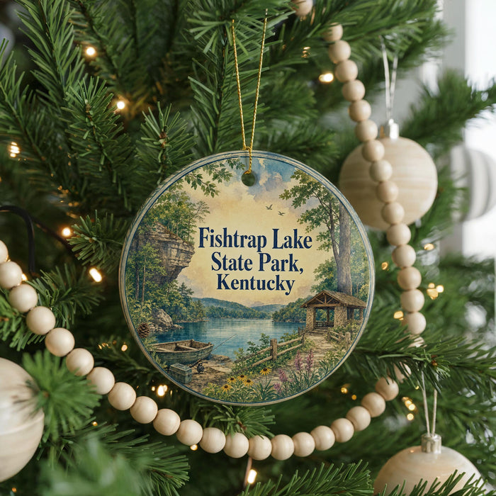 A circular ornament hanging on a Christmas tree, featuring a scenic image of Fish Trap Lake State Park, Kentucky.
