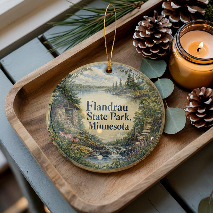 A wooden tray with a decorative ornament featuring a scenic landscape of Flandrau State Park, Minnesota, and pine cones.