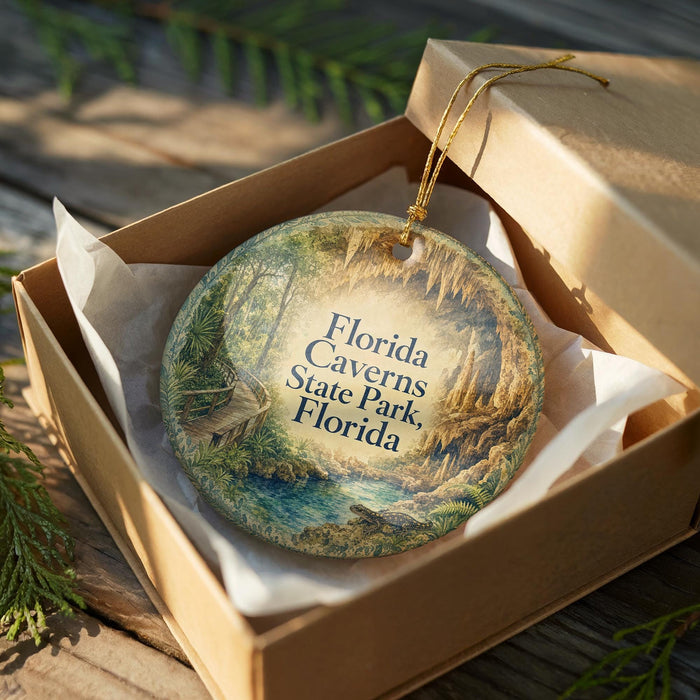 A circular ornament in a box, featuring a scenic image of the Florida Caves State Park.