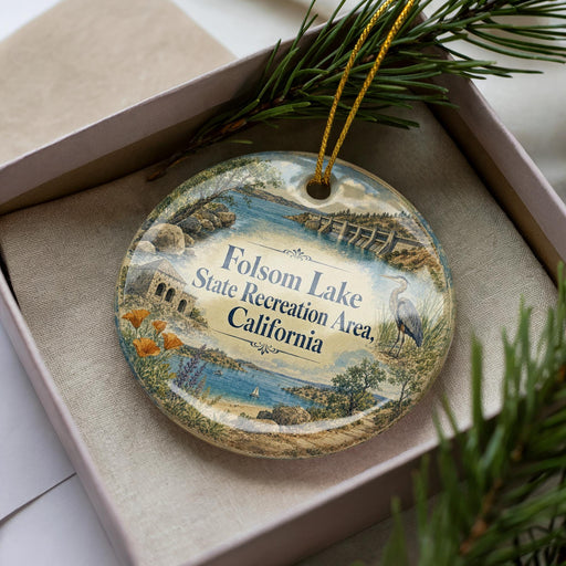 A decorative ornament in a box, featuring an illustration of a scenic landscape with a lake, mountains, and a bird.