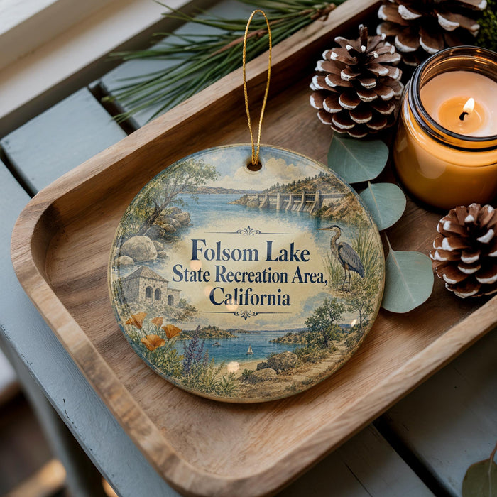 A decorative ornament with a scenic image of a lake and surrounding landscape, along with the text "Folson Lake State Recreation Area, California".