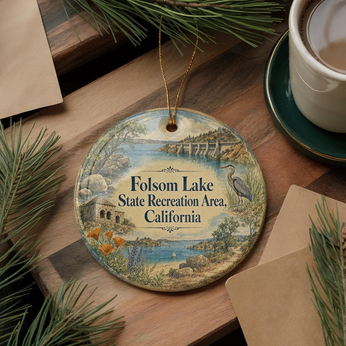 A round ornament with a scenic landscape of Folsom Lake, California, featuring a bridge, trees, and water.