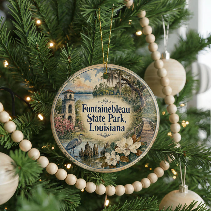 A round ornament hanging on a Christmas tree, featuring a scenic image of Fondahebeau State Park in Louisiana.