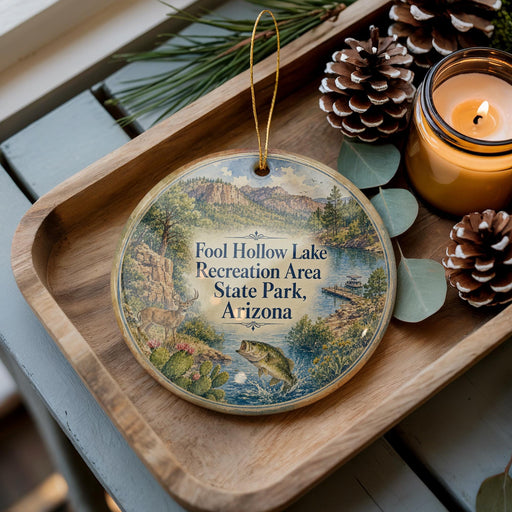 A decorative ornament featuring a scenic landscape of Foolhole Lake Recreation Area, State Park, Arizona, with a fish and a pine cone on a wooden tray.