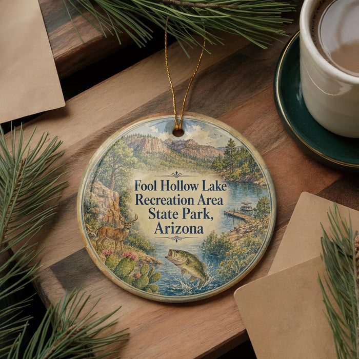 A decorative ornament featuring a scenic landscape with a lake, mountains, and wildlife, hanging on a wooden surface.