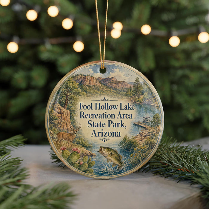 A circular ornament with a scenic landscape of Foolhole Lake Recreation Area State Park, Arizona, featuring a deer, fish, and other wildlife.