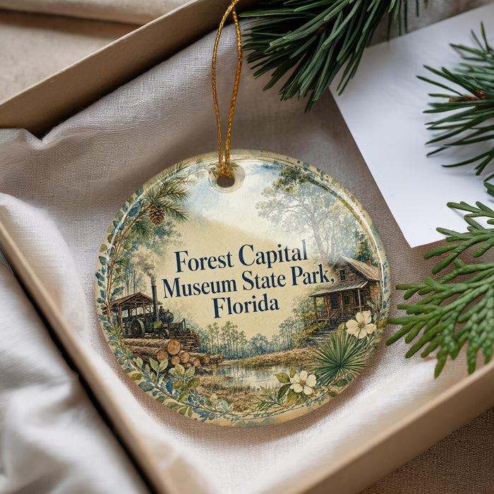 A decorative ornament with a scenic image of Forest Capital Museum State Park, Florida, hanging from a string.