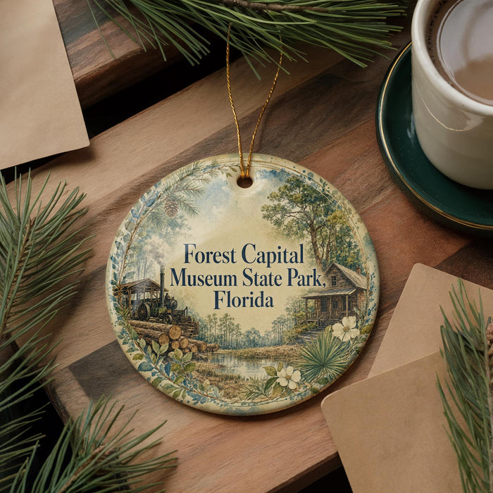 A decorative ornament with the text "Forest Capital Museum State Park, Florida" on it, surrounded by pine branches and a cup of coffee on a wooden surface.