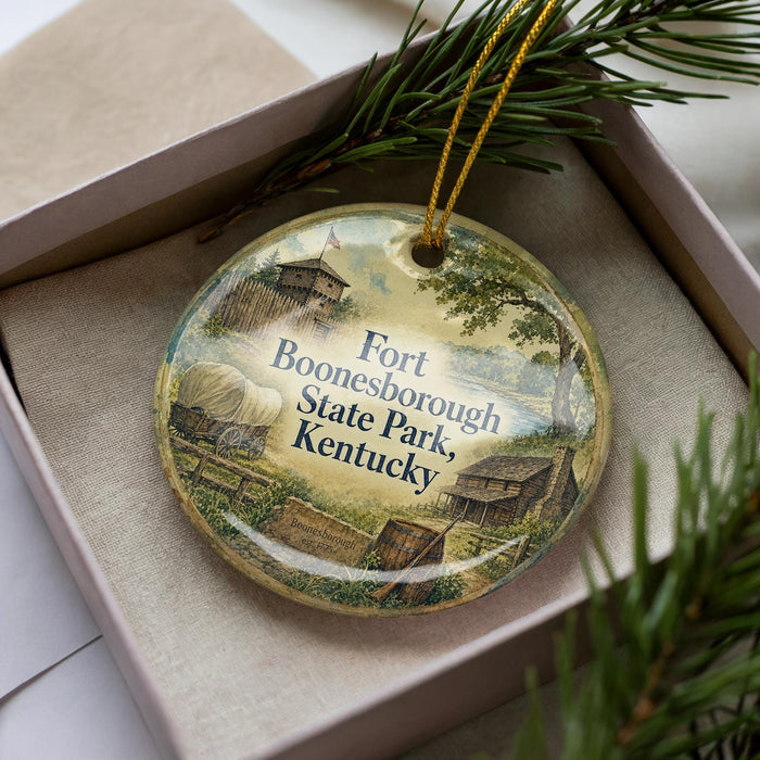 A decorative ornament in a box, featuring a scenic image of Fort Boone, Kentucky, with a pine tree and other natural elements.