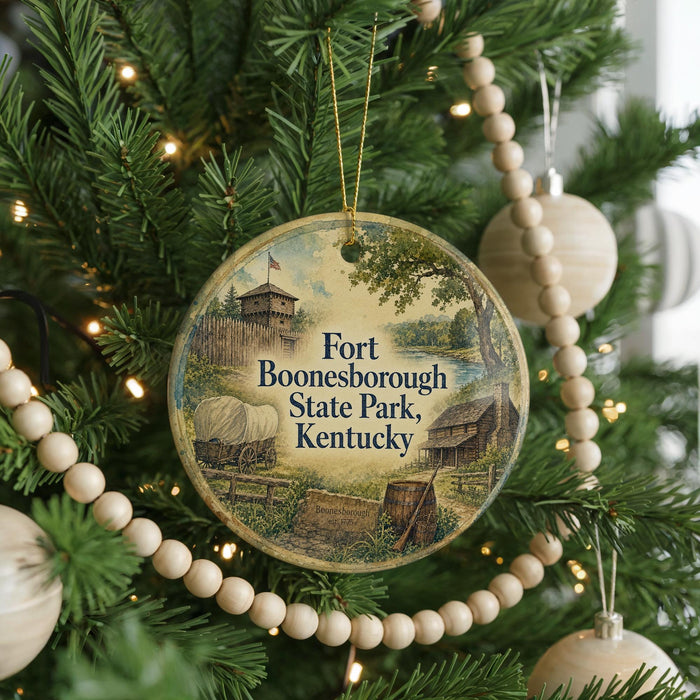 A round ornament hanging on a Christmas tree, featuring a scene from Fort Boone, Kentucky.