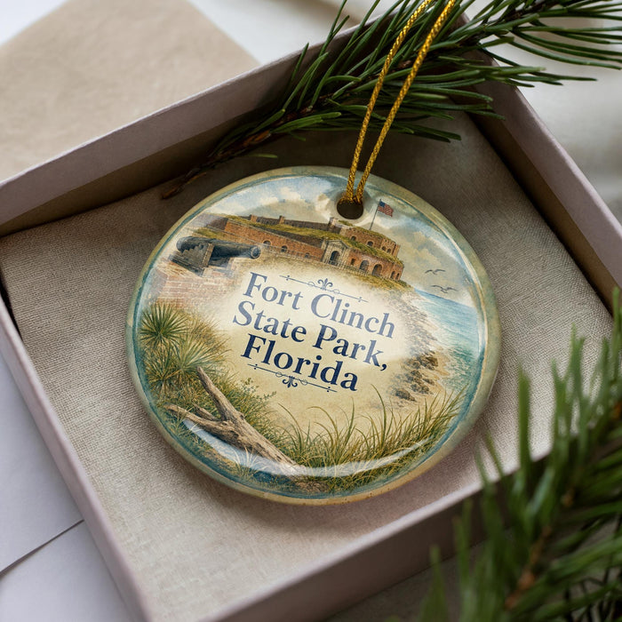 A decorative ornament in a box, featuring a picture of Fort Clinch State Park in Florida.
