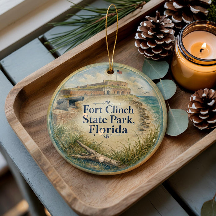A decorative ornament featuring a scenic image of Fort Clinch State Park, Florida, with pine cones and a lit candle on a wooden tray.