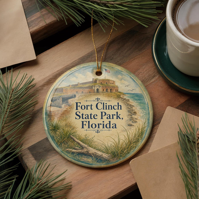A round ornament with a painting of Fort Clinch State Park, Florida, is displayed on a wooden surface alongside a cup of coffee and some pine branches.