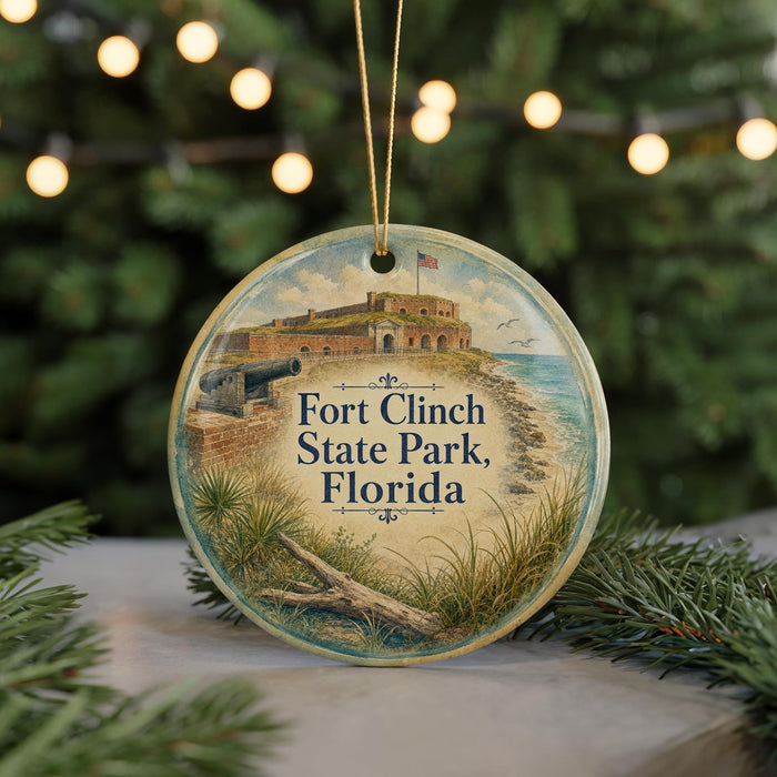A round ornament with a picture of Fort Clinch State Park, Florida, hanging from a string.