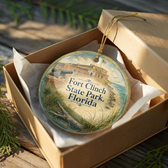 A decorative ornament in a box, featuring an illustration of Fort Clinch State Park in Florida.