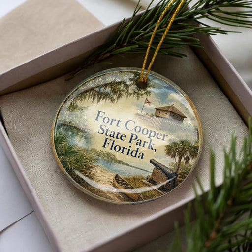 A decorative ornament in a box, featuring a scenic image of Fort Cooper State Park in Florida.