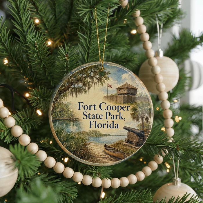 A round ornament hanging on a Christmas tree, featuring a scenic image of Fort Cooper State Park in Florida.